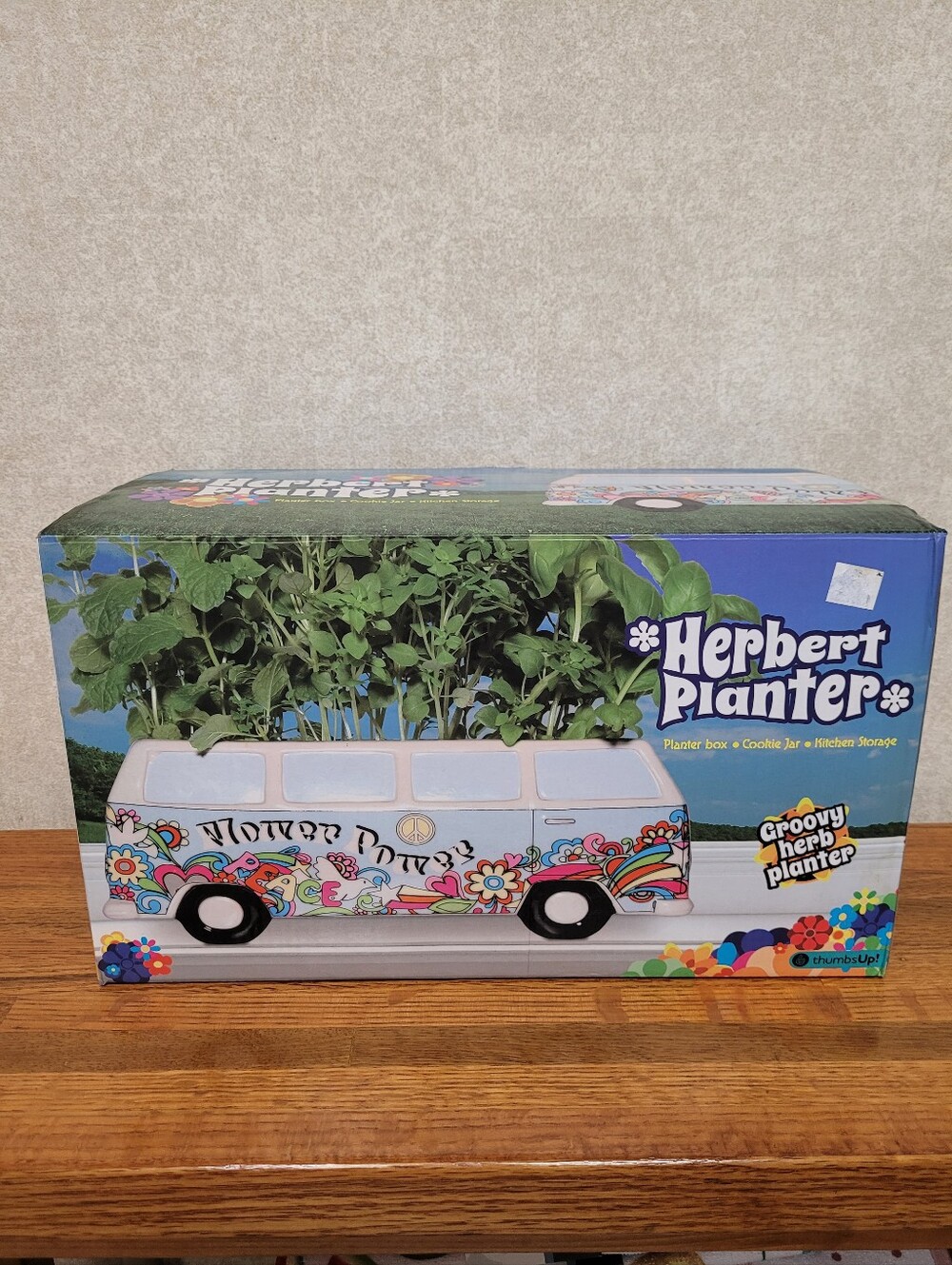 NIB Vintage Ceramic VW Bus Cookie Jar Groovy Hippie Floral Van Canister